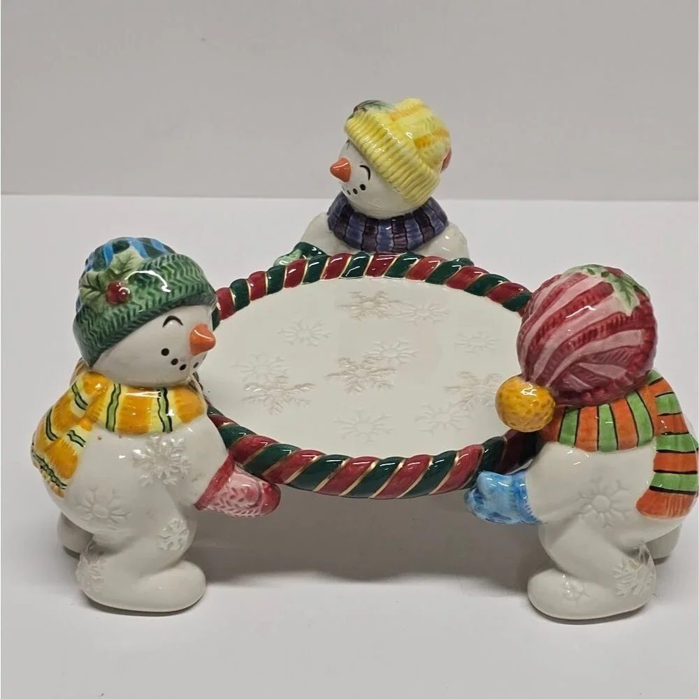 Fitz & Floyd Frosty Folks Snowmans Pillar Candle Holder Christmas Collectible